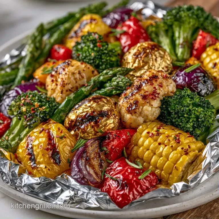 Colorful roasted vegetables in silver foil, garnished with fresh parsley and served on a rustic wooden table surface.