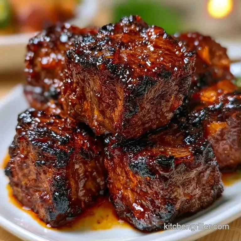 Glossy, seared beef cubes and crisp red onions arranged neatly on a modern white plate with a fresh herb garnish.