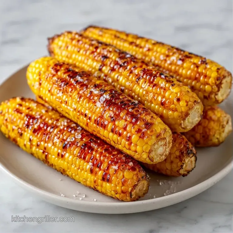 Perfectly charred corn on the cob arranged on a white platter with a side of creamy garlic butter and fresh herbs.