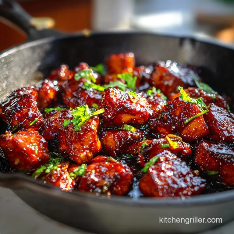 Tender bourbon chicken, artfully arranged with vibrant green scallions and a touch of sesame.