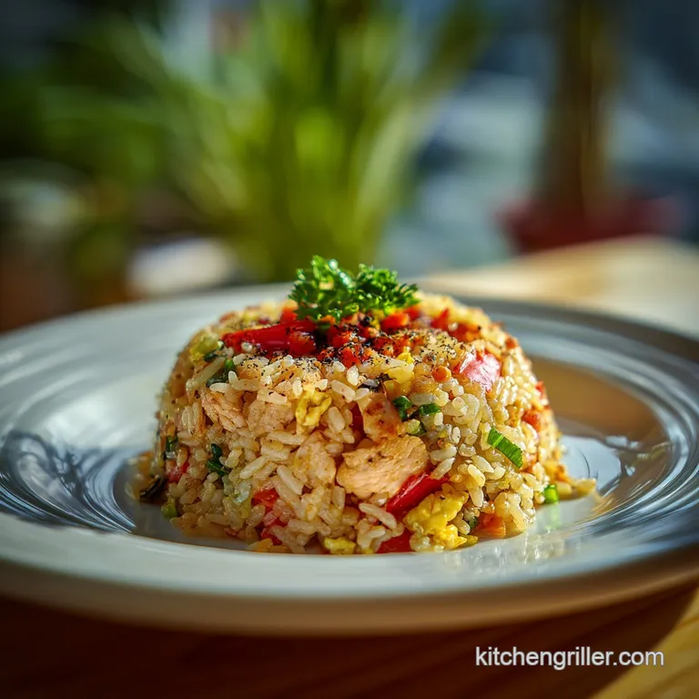 A neat mound of savory fried rice, glistening with soy sauce, adorned with a sprinkle of fresh chives on a white plate.