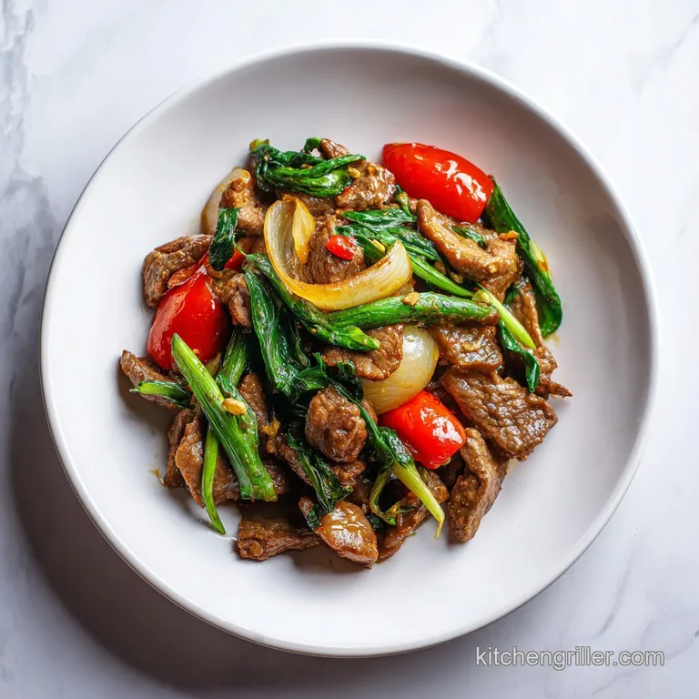 A generous portion of savory stir-fry artfully arranged on a rustic wooden plate, garnished with fresh herbs.