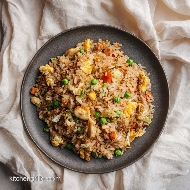 A rustic-chic plate piled high with glistening fried rice, showcasing tender steak strips and succulent shrimp.
