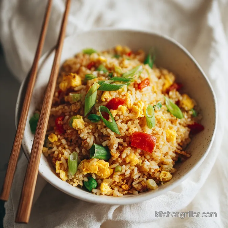 A glistening mound of mahogany-hued fried rice, artfully arranged with tender stir-fried vegetables.