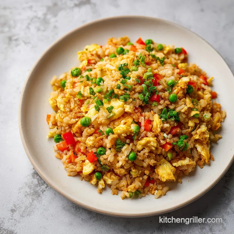 A steaming mound of fluffy fried rice, adorned with bright green peas and thinly sliced scallions, elegantly served.