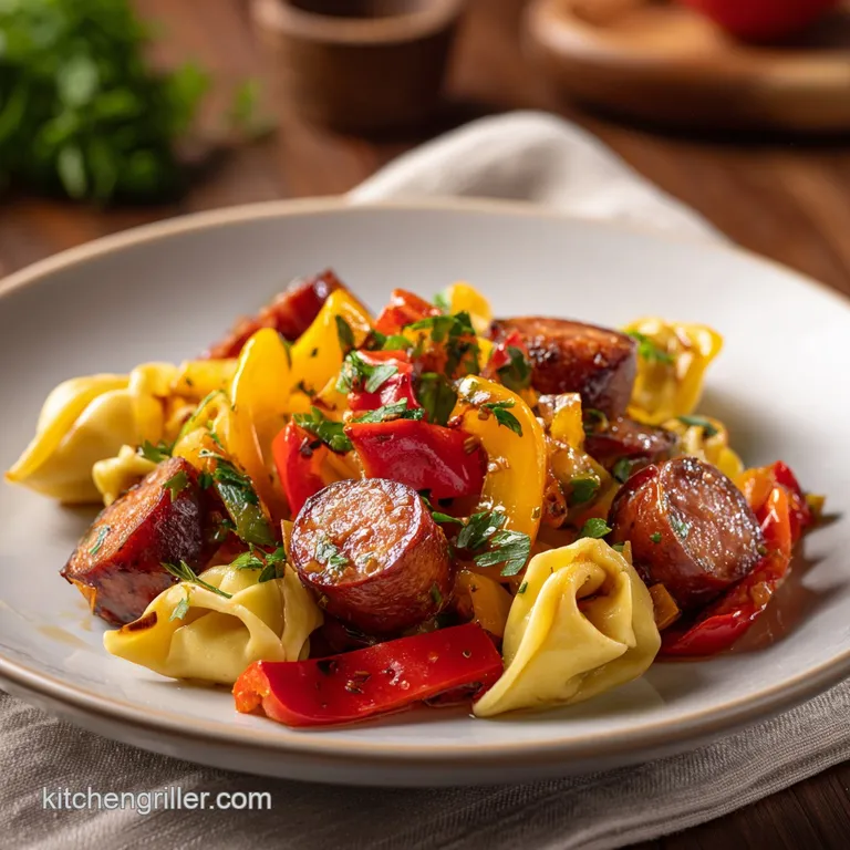 A steaming forkful of tortellini and kielbasa, bright peppers scattered, artfully arranged on a white plate.
