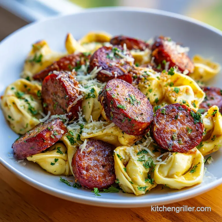 Artfully arranged kielbasa and tortellini with a sprinkle of fresh parsley on a white plate.