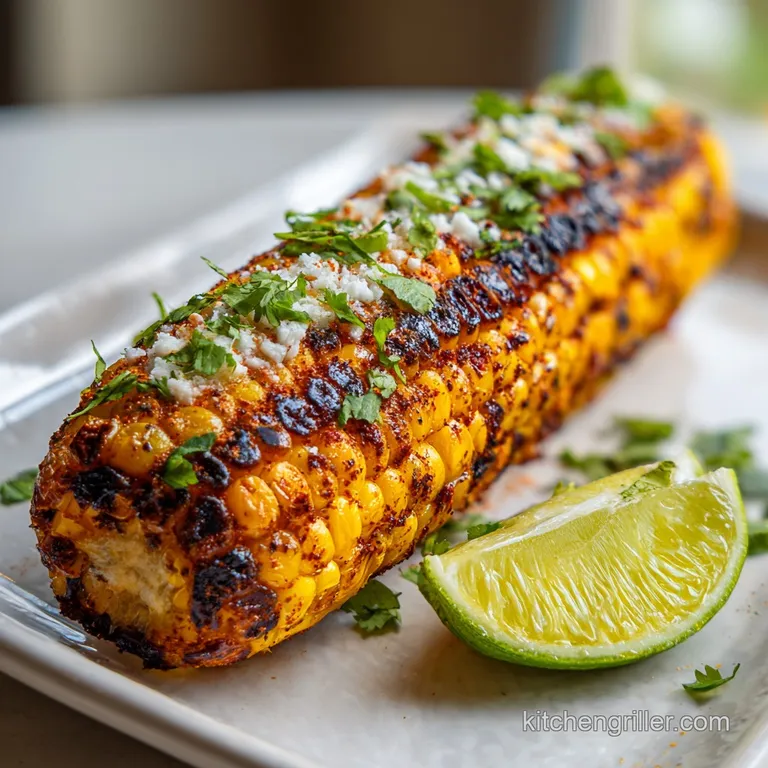 A bright yellow corn cob, generously coated in crema and cotija, sits on a rustic wooden board.