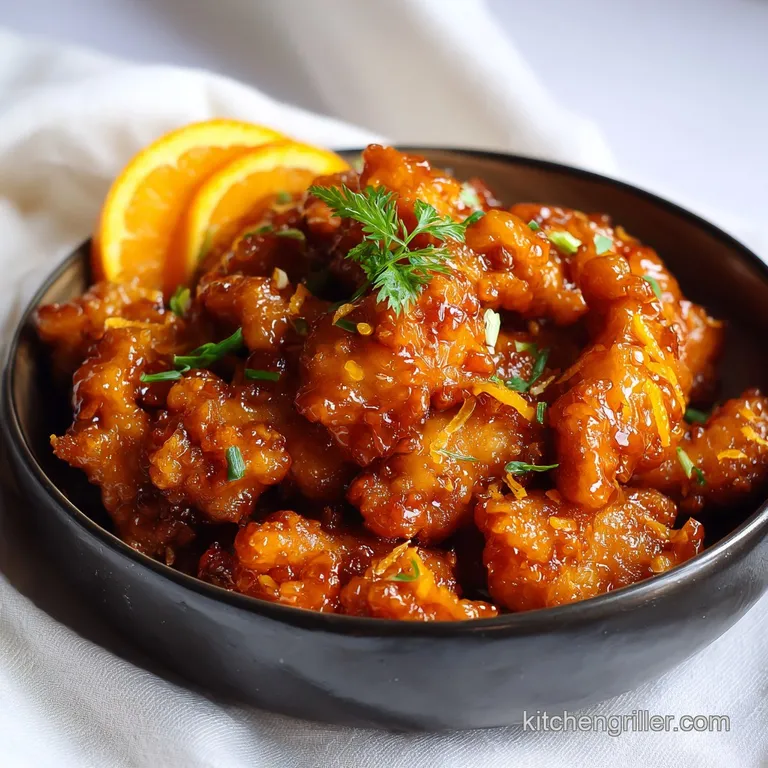 A glistening orange chicken entree artfully arranged on a white plate, garnished with fresh green scallions.