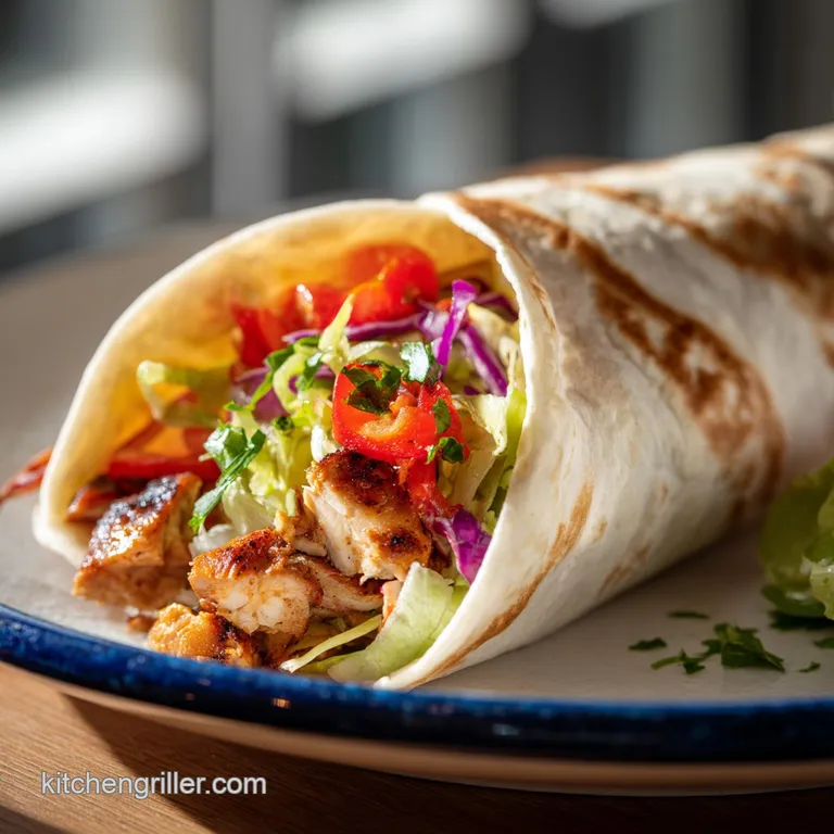 Pollo Asado burrito cut in half, showing layers of tender chicken, rice, and colorful veggies with hints of melted cheese.