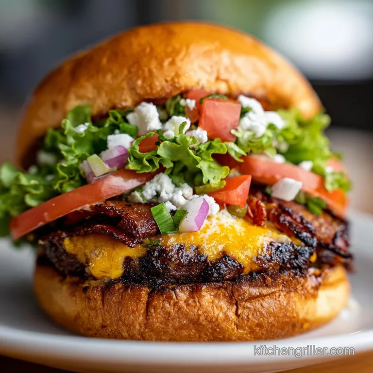 Stacked smash burgers with vibrant green lettuce, ripe red tomato, and melted cheese on a rustic plate.