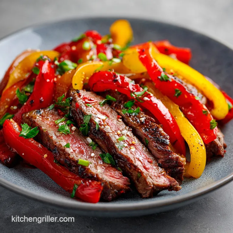 Seared steak slices fanned out over vibrant, roasted vegetables on a rustic plate.