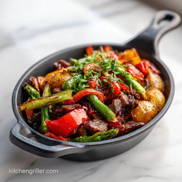 Steak and potato stir-fry artfully arranged on a white plate, garnished with fresh herbs, showcasing seared edges and vibr...