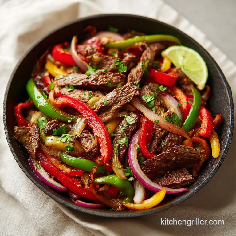 Brightly colored steak and pepper medley artfully arranged on a warm tortilla with a squeeze of lime.