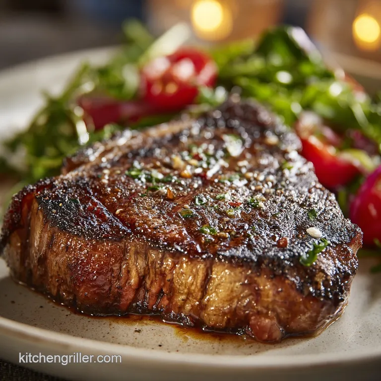 Perfectly seared steak with a ruby-red, juicy center, artfully plated with fresh herbs.