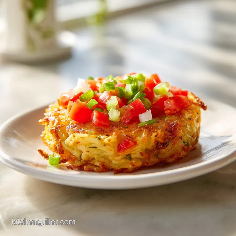 A perfectly plated stack of crispy hash browns crowned with savory seasoned meat, vibrant salsa, and a dollop of cool sour...