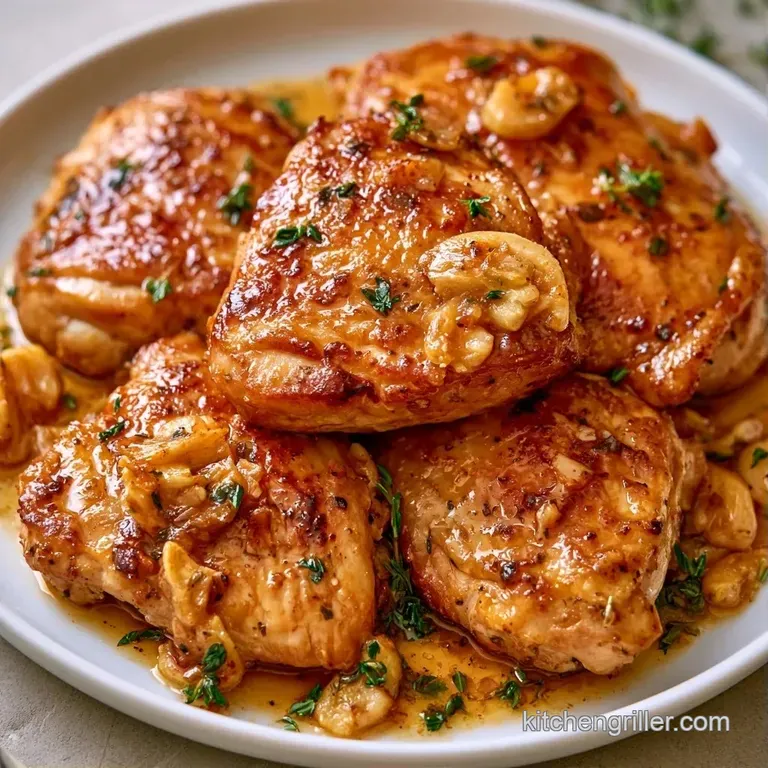Perfectly seared chicken thighs plated on a white ceramic dish with bright roasted carrots and fresh green herbs.