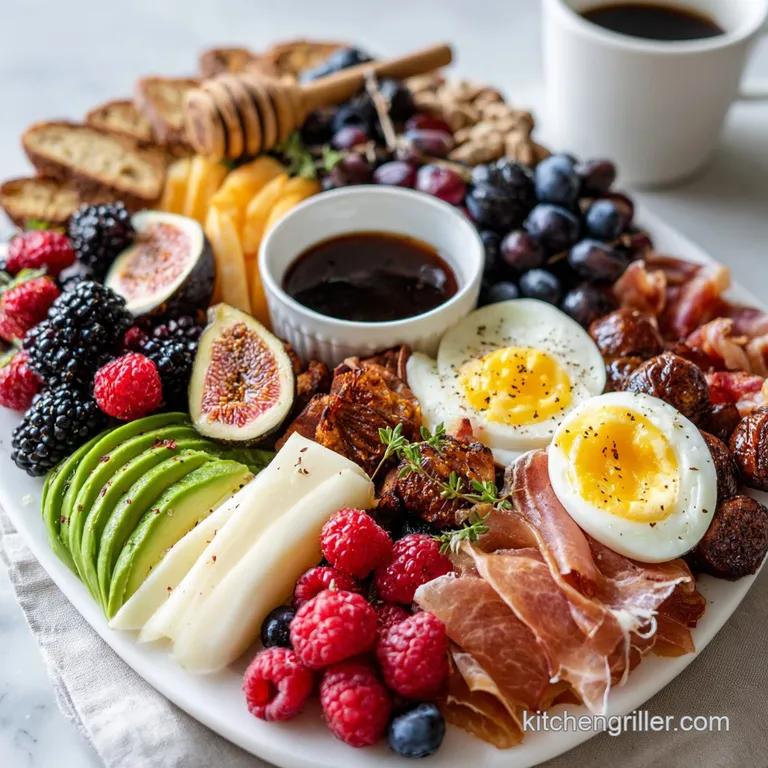 Elegant individual breakfast board with golden croissants, rosy prosciutto, and jewel-toned berries for a delightful morni...