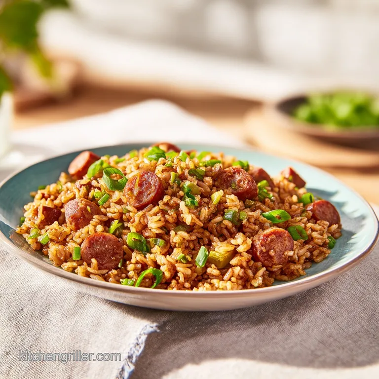 A neat mound of seasoned brown rice and sliced sausage garnished with fresh chopped green onions on a white plate.