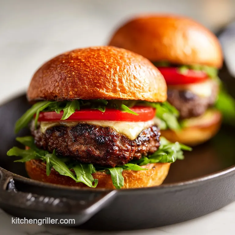 Stacked smash burger with melted cheese, lettuce, and tomato on a sesame seed bun, ready to eat. Condiments alongside.
