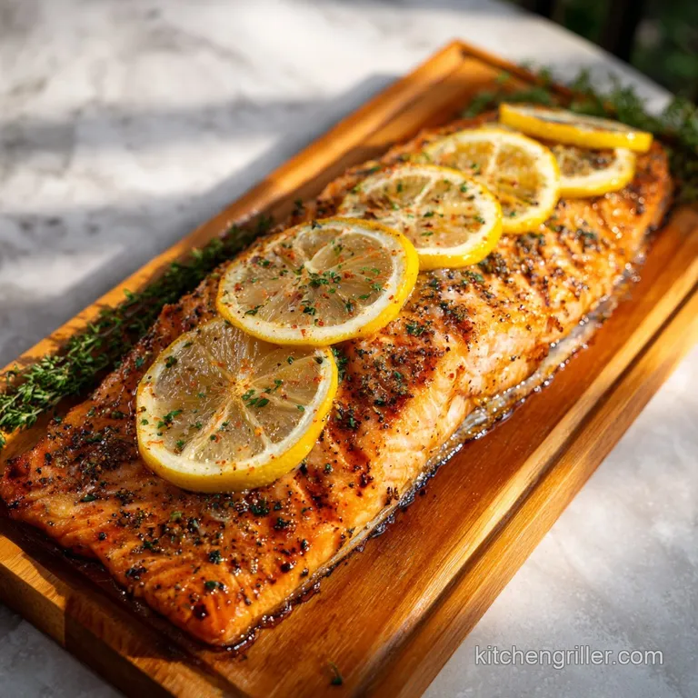Glossy salmon fillet, cedar plank roasted, rests on white plate; vibrant lemon, dill sprig add color, texture to gourmet d...