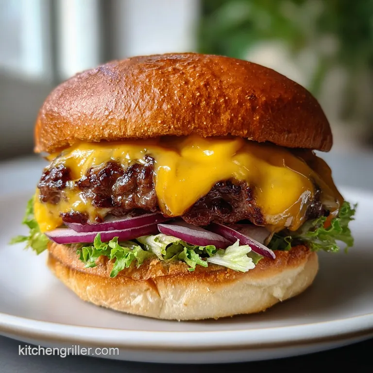 Stacked juicy burger oozing with cheddar, crisp lettuce and tomato; smoky char, ready to eat.