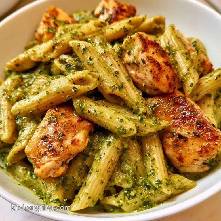 A white ceramic bowl filled with green pasta and browned chicken, topped with a fresh basil leaf and pepper.