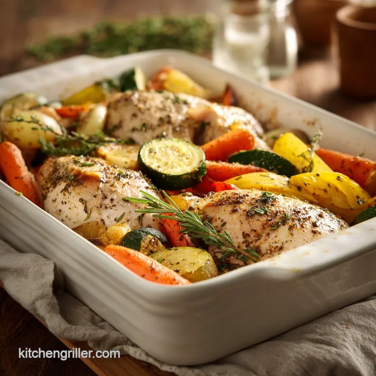 Perfectly plated chicken and veggies, glistening with sauce. Fresh herbs add a bright, inviting touch to the balanced meal.