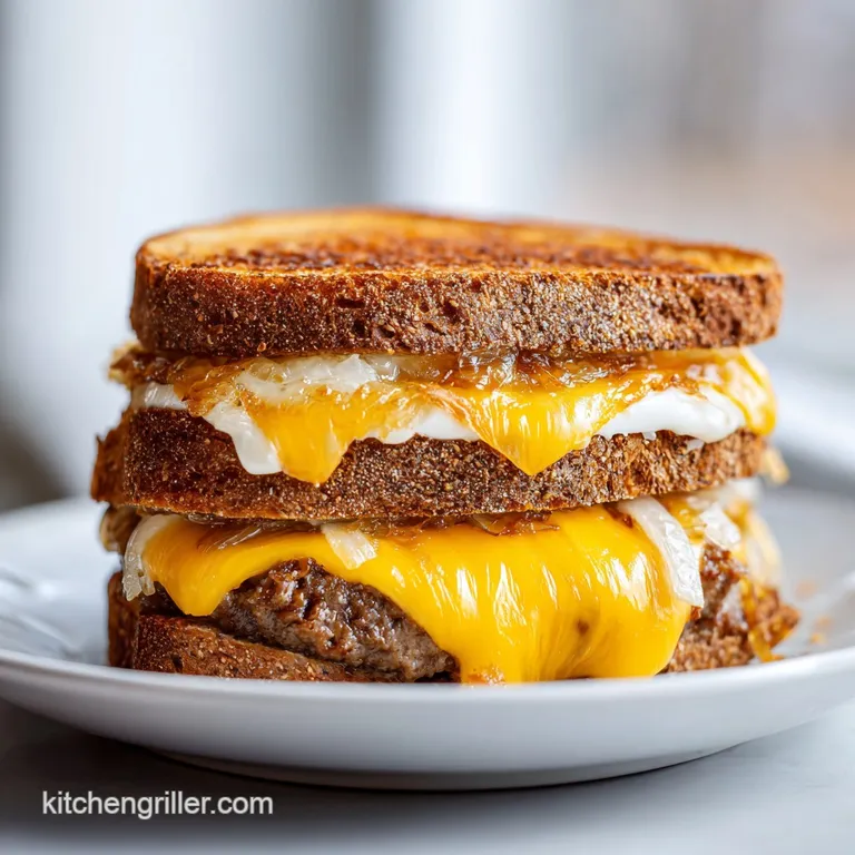 A patty melt half sits ready to eat, showing layers of glistening onions, cheese, and a perfectly browned burger.