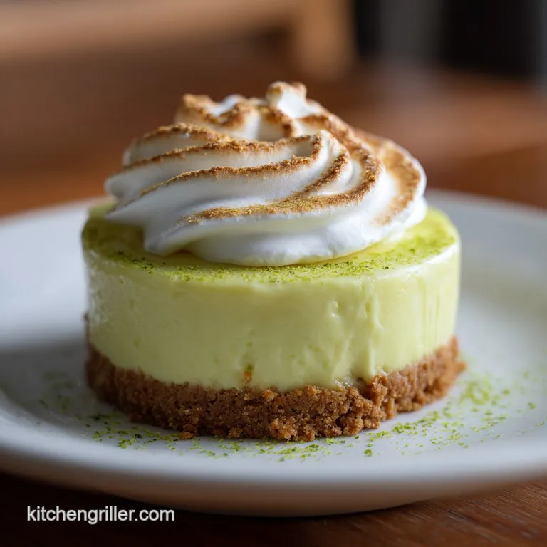 A neat slice of pale green cream pie on a white ceramic plate, garnished with fresh lime zest and a mint sprig.