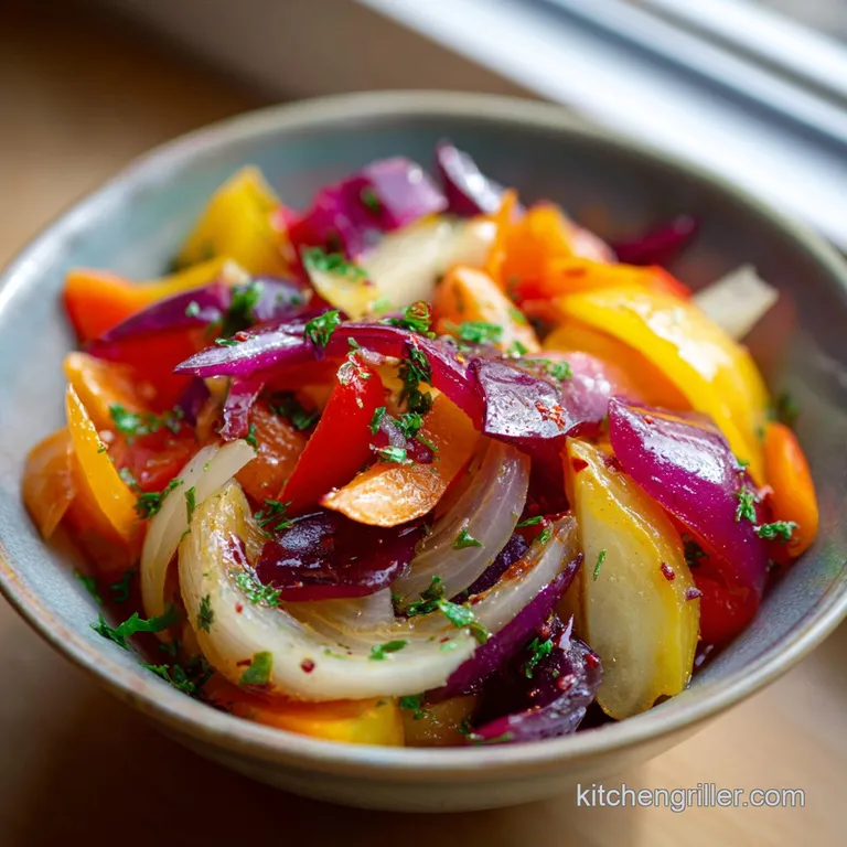 A colorful medley of tender-crisp, glistening vegetables artfully arranged in a rustic cast-iron skillet, ready to serve.