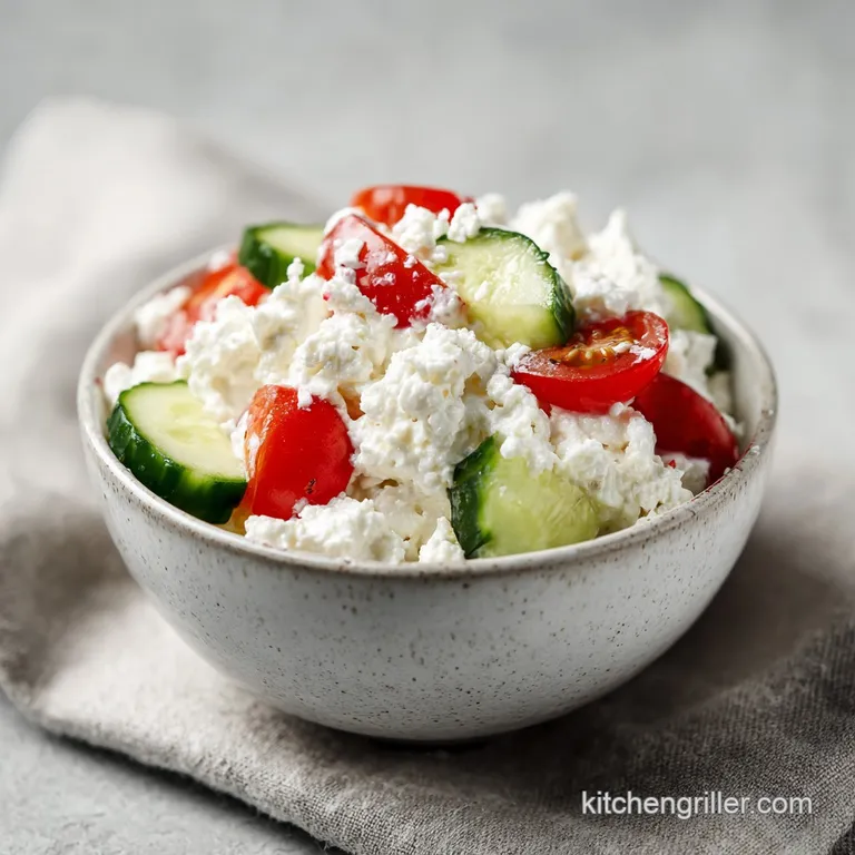 Neat mound of cottage cheese salad with vibrant veggies, garnished with herbs, atop a crisp lettuce leaf on a white plate.