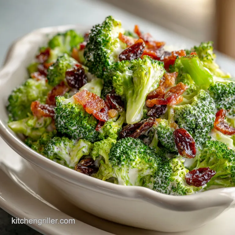 Broccoli salad artfully arranged on a plate, showing creamy dressing clinging to florets, dotted with salty bacon and swee...