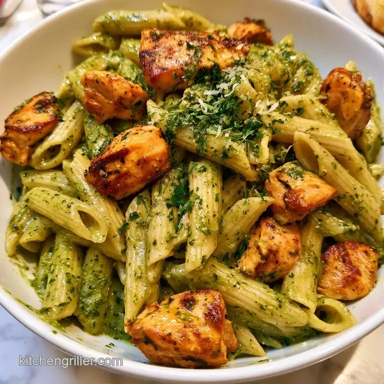 A swirl of pesto-coated pasta topped with grilled chicken strips and fresh basil on a matte white ceramic plate.