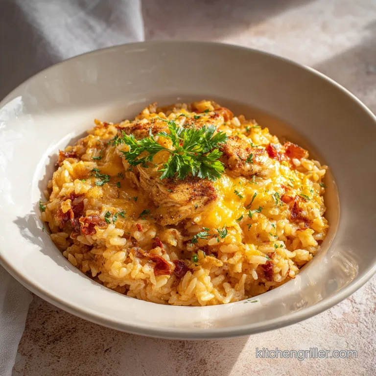 A serving of creamy chicken and rice casserole, topped with fresh parsley, on a white plate.