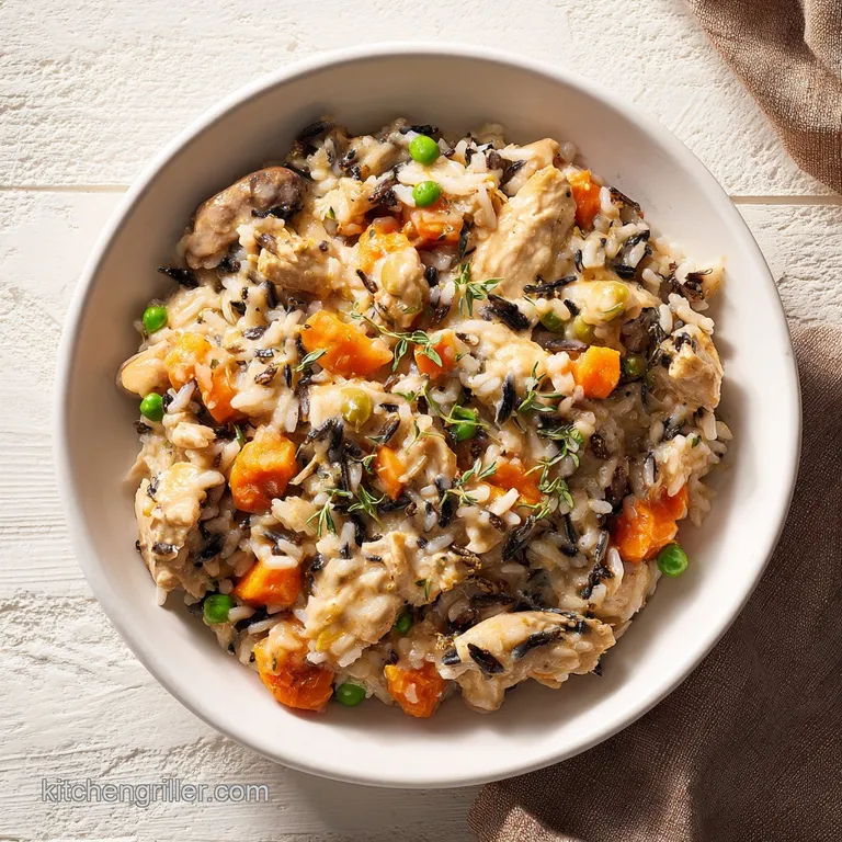 A comforting scoop of creamy chicken and wild rice casserole, rich with tender chicken and chewy grains, plated elegantly.