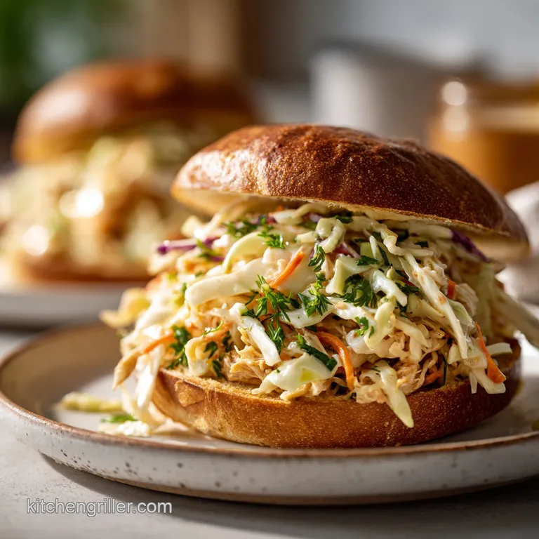Pile of fluffy, creamy coleslaw overflowing on a bun with shredded pork. Light sauce coats every surface for a moist, flav...