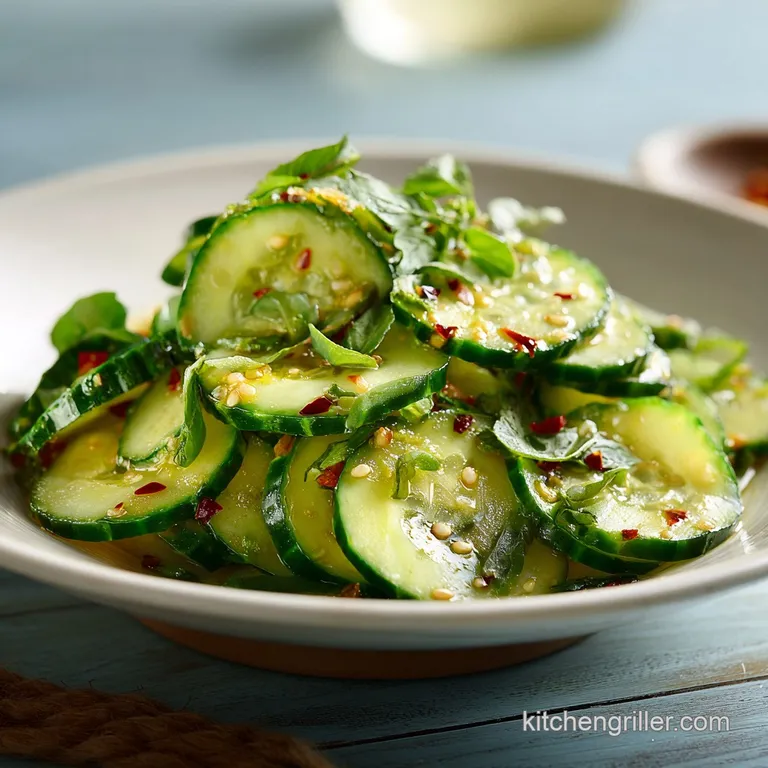 Elegant portion of creamy cucumber salad, artfully arranged on a plate, showcasing the thin cucumber slices and dill sprigs.