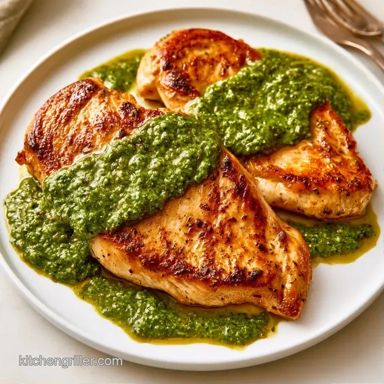Seared chicken breasts resting in a velvet green pesto cream sauce, garnished with basil on a minimalist white plate.