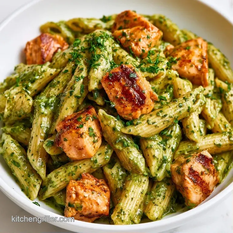 Al dente pasta swirled in a rich green sauce, topped with shredded parmesan and fresh basil on white porcelain.