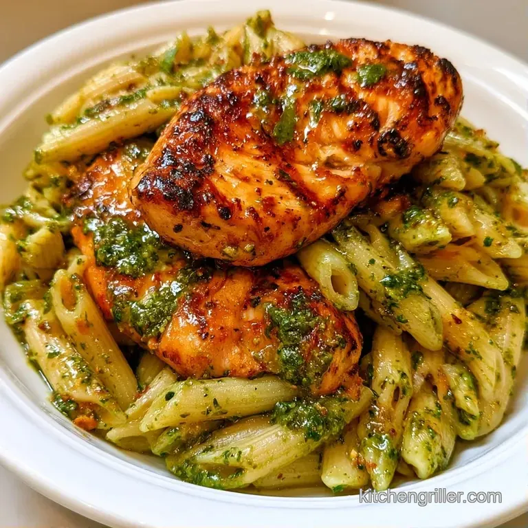 Swirl of bright green pasta topped with golden sliced chicken and fresh basil leaves on a minimalist white plate.