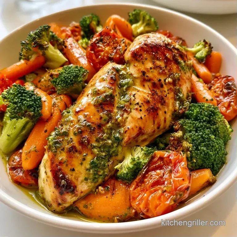 Sliced juicy chicken and bright vegetables coated in glossy green pesto on a white ceramic dinner plate.