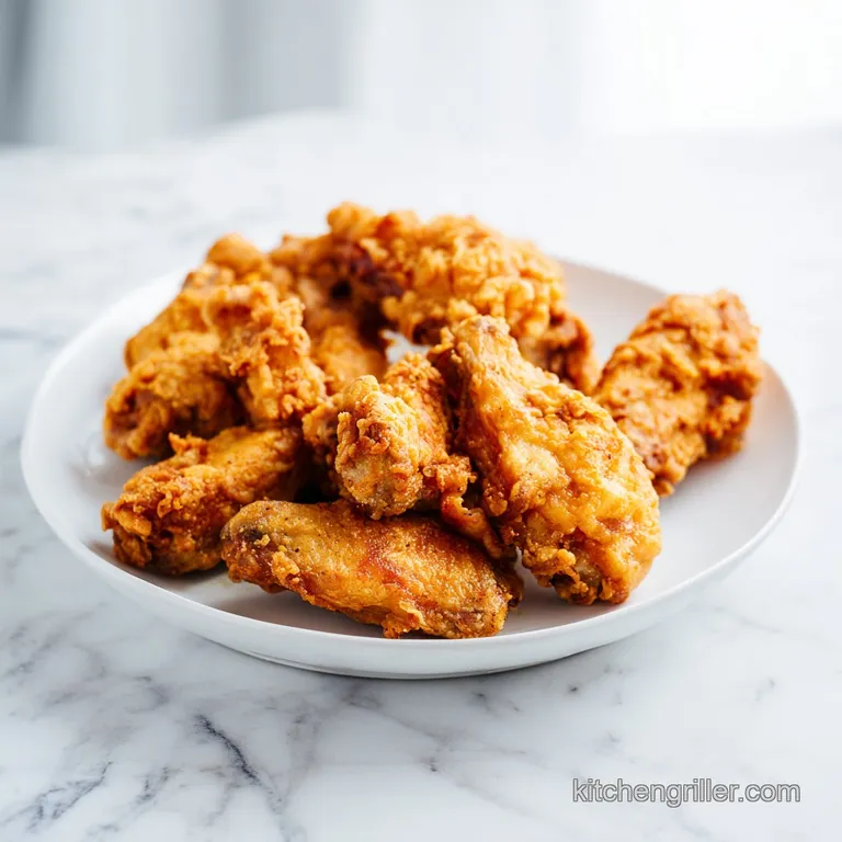 Three crispy wings arranged neatly on a white porcelain plate with a dollop of sauce and a sprig of fresh parsley.