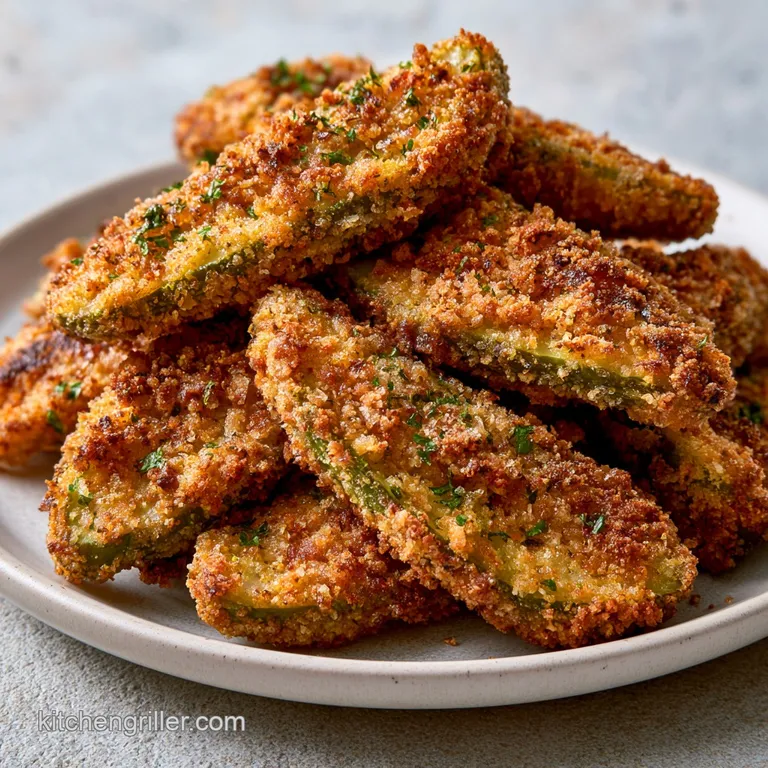 Neatly arranged breaded pickle chips on a slate platter garnished with fresh parsley and lemon wedges.