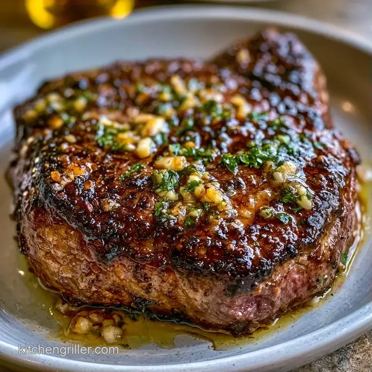 Tender slices of seared beef with a pink center, drizzled in golden butter and garnished with toasted garlic cloves.