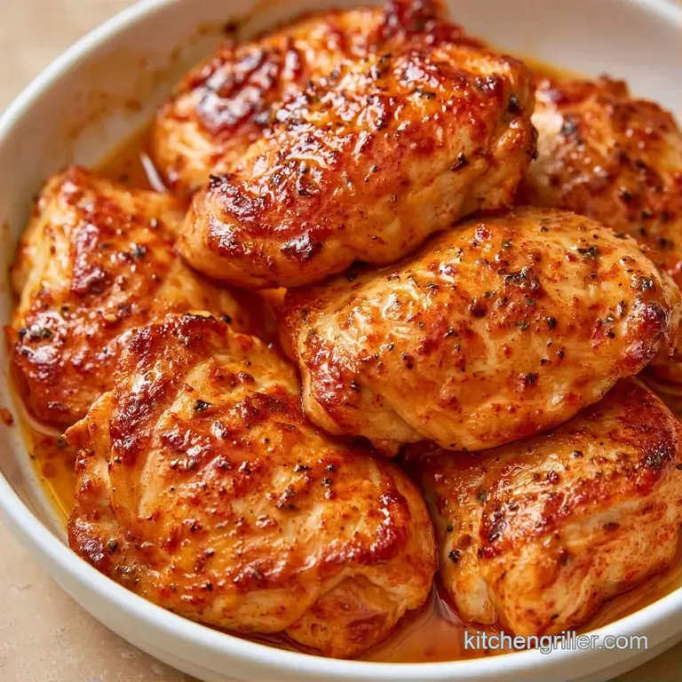 Two juicy, browned chicken thighs resting on a white plate with vibrant steamed greens and a drizzle of savory glaze.