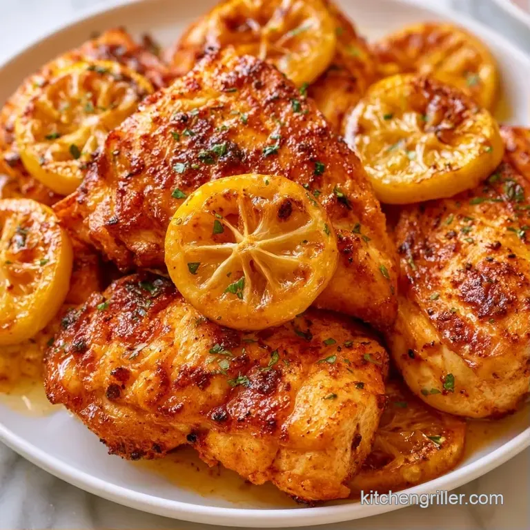 Searing-hot chicken thighs on a white plate, garnished with bright green herbs and a glossy brown pan reduction.