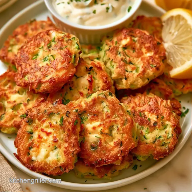 Crispy golden patties on a slate platter, served with a side of lemon wedges and a bowl of herb-infused yogurt sauce.