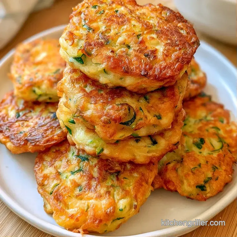 Three golden vegetable patties stacked high with a swirl of yogurt and a sprig of fresh parsley on a slate plate.