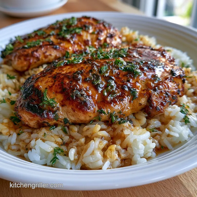 A neat mound of fluffy rice topped with juicy chicken, garnished with fresh parsley on a matte white ceramic plate.